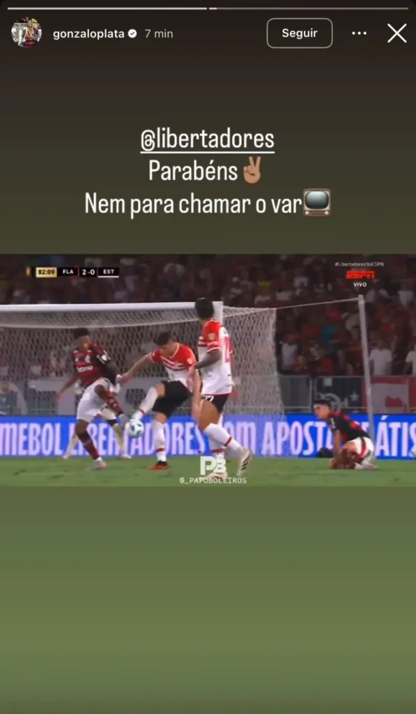 Gonzalo Plata publica insatisfação por expulsão em duelo entre Flamengo e Estudiantes, pela Libertadores - Foto: Reprodução