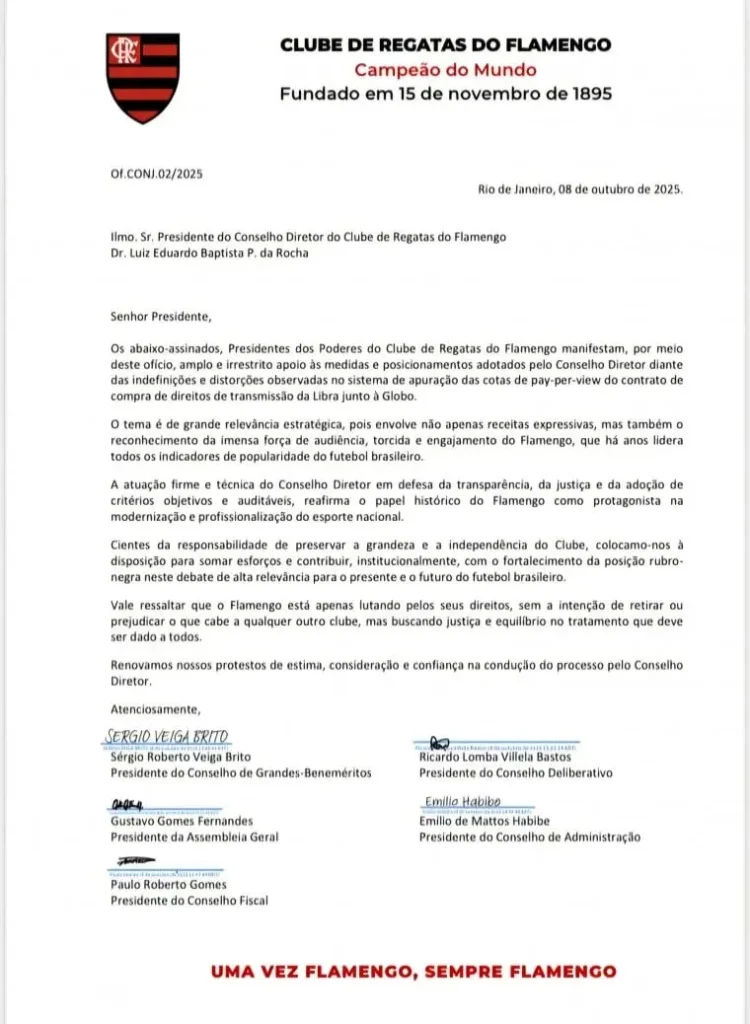 Carta assinada por presidentes dos poderes do Flamengo - Foto: Divulgação